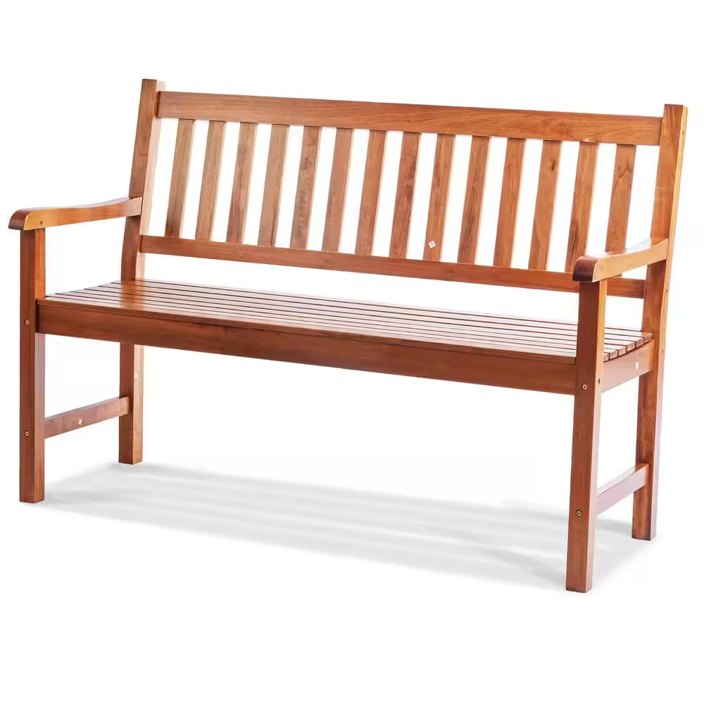 50 In. Outdoor Wood Garden Bench, Sturdy Patio Bench with Backrest and Armrests,