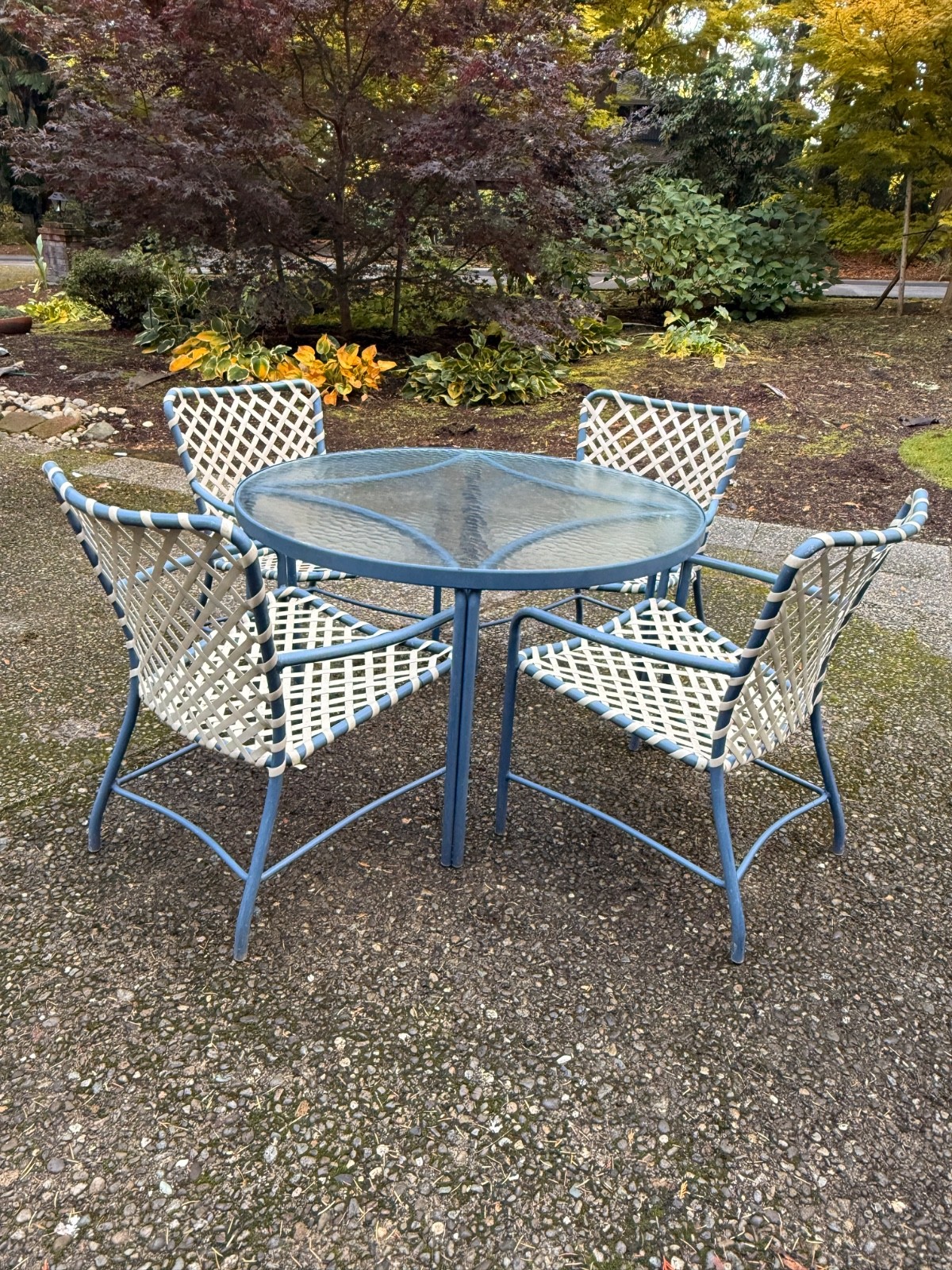 BLUE BROWN JORDAN TAMIAMI ORIGINAL GLASS 4 CHAIRS TABLE SET PATIO OUTDOOR DINING