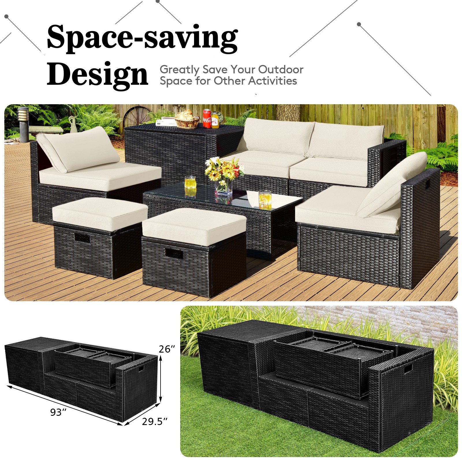 Patiojoy Outdoor 8PCS Rattan Furniture Set Storage Table Ottoman Off White