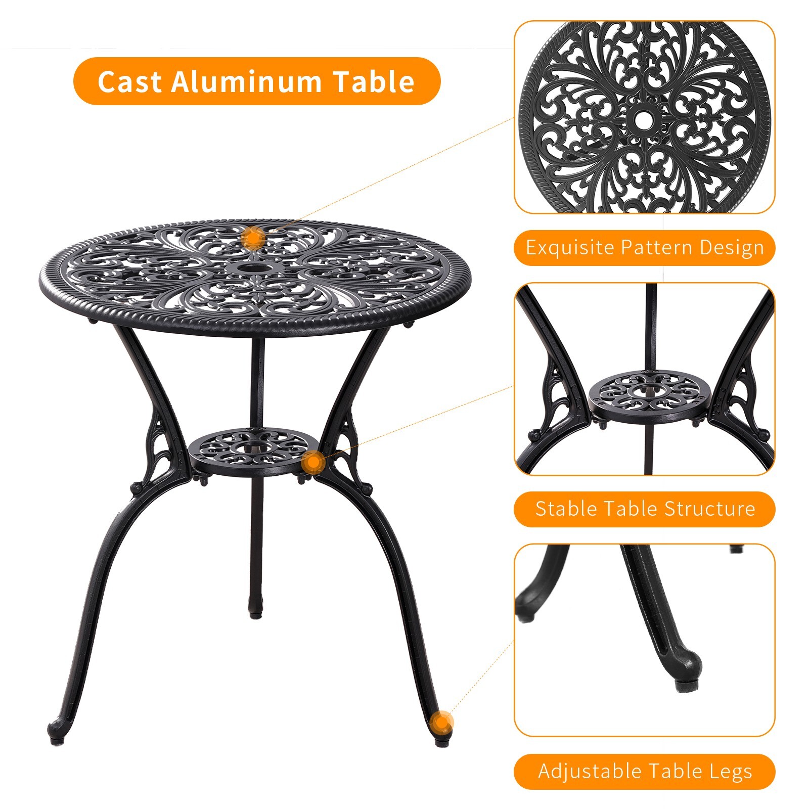 Outdoor Black Cast Aluminum Bistro Table and Chair Set of 2 for Garden