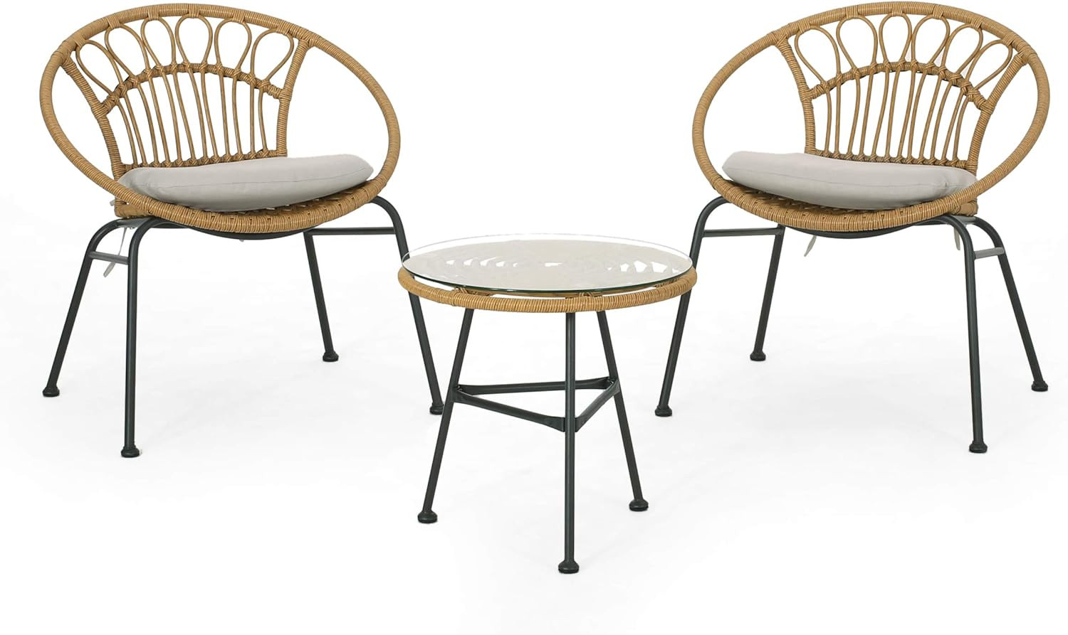 Grace Outdoor 3 Piece Wicker Chat Set, Light Brown, Beige, and Black
