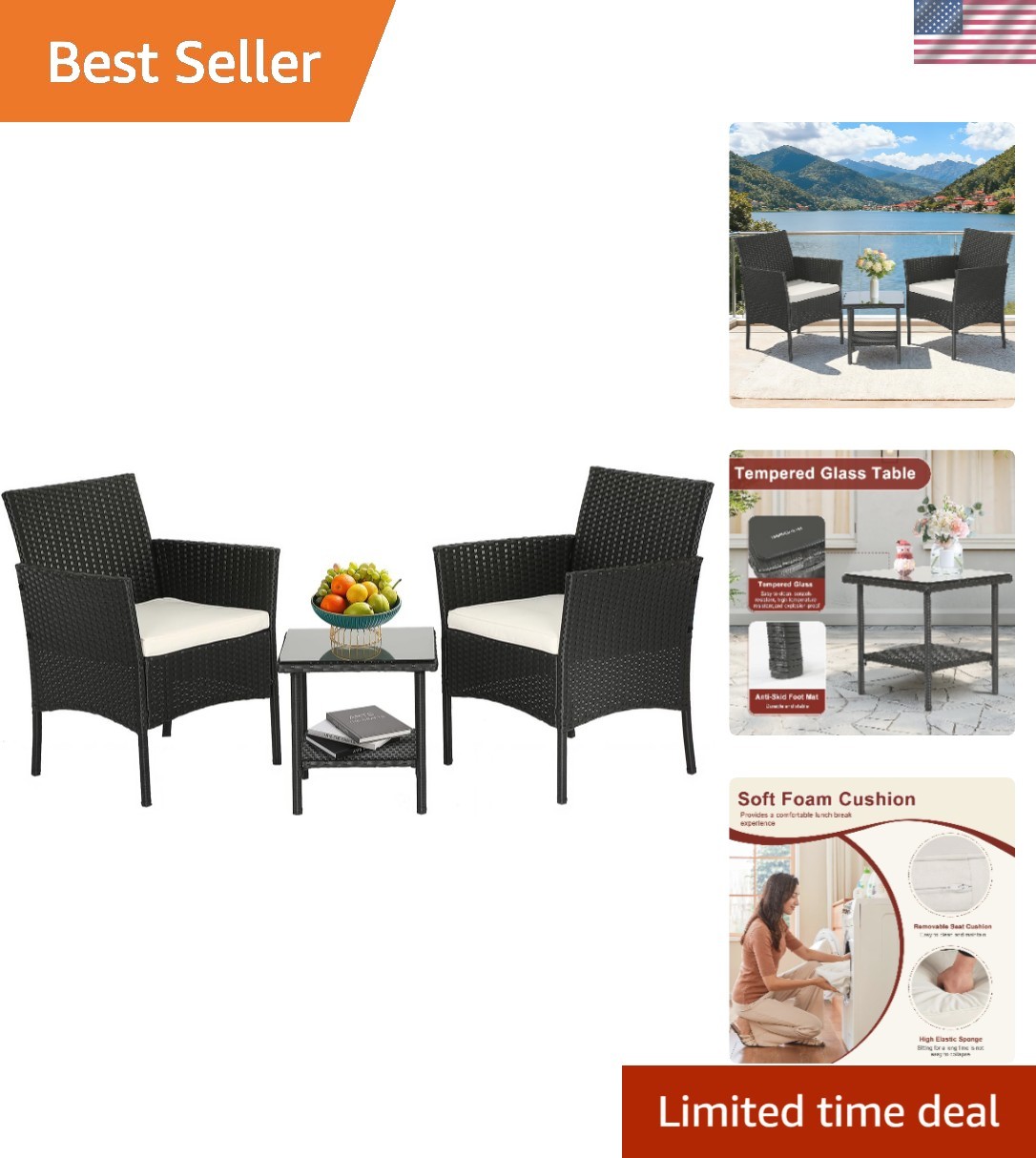 Wicker Outdoor Furniture Patio Furniture Set of 3 Rattan Patio Chairs Outdoor…