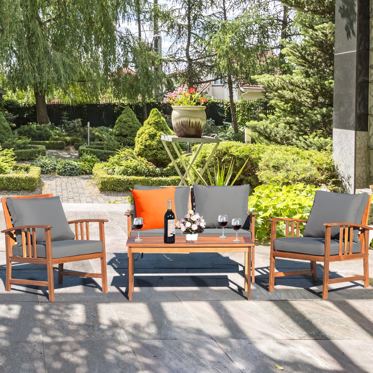 4PCS Wooden Patio Furniture Set Table Sofa Chair Cushioned Garden NEW