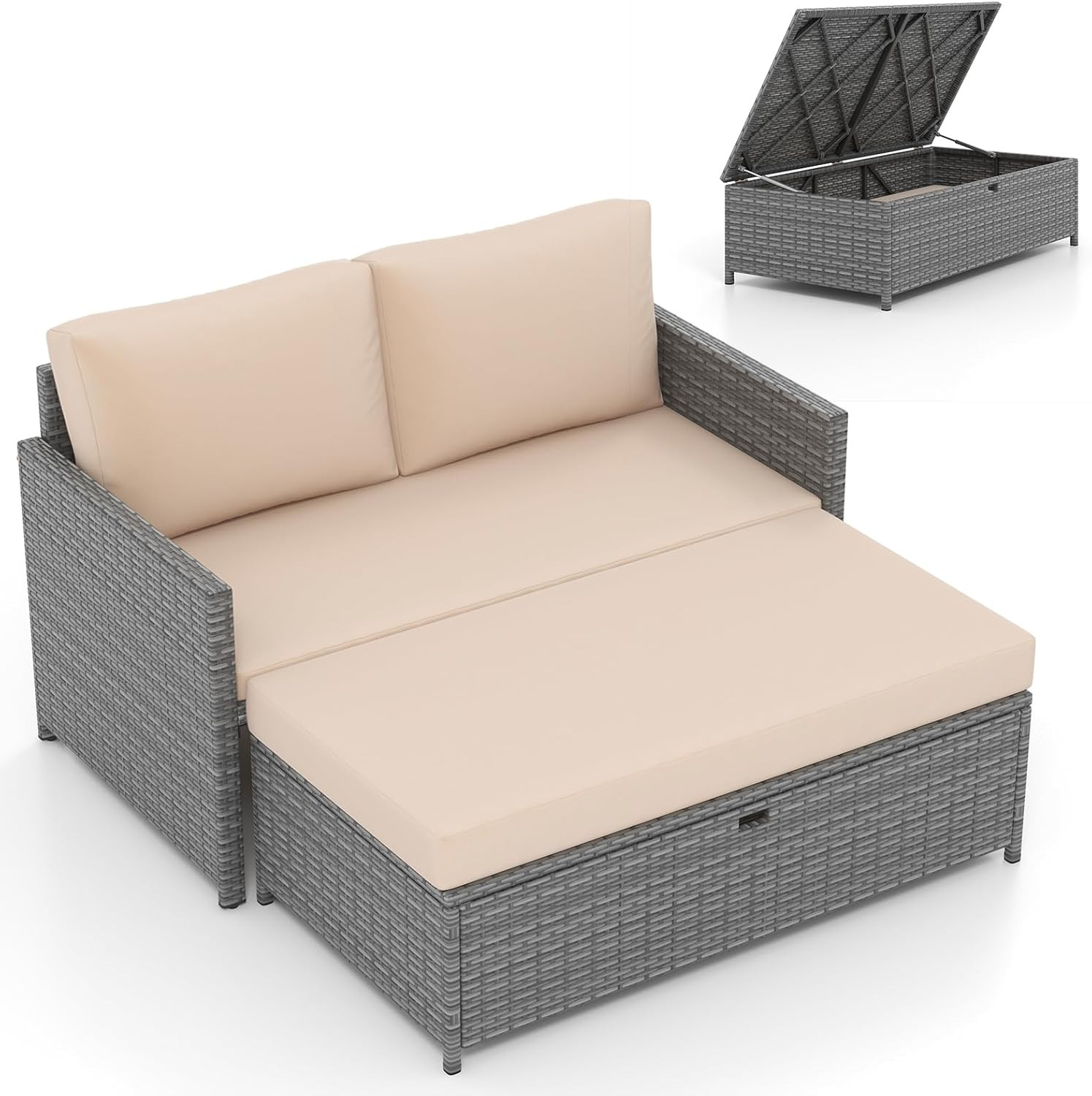OUTDOOR RATTON DAYBED, WICKER LOVESEAT & 31 GALLON STORAGE OTTOMAN SOFT CUSHIONS