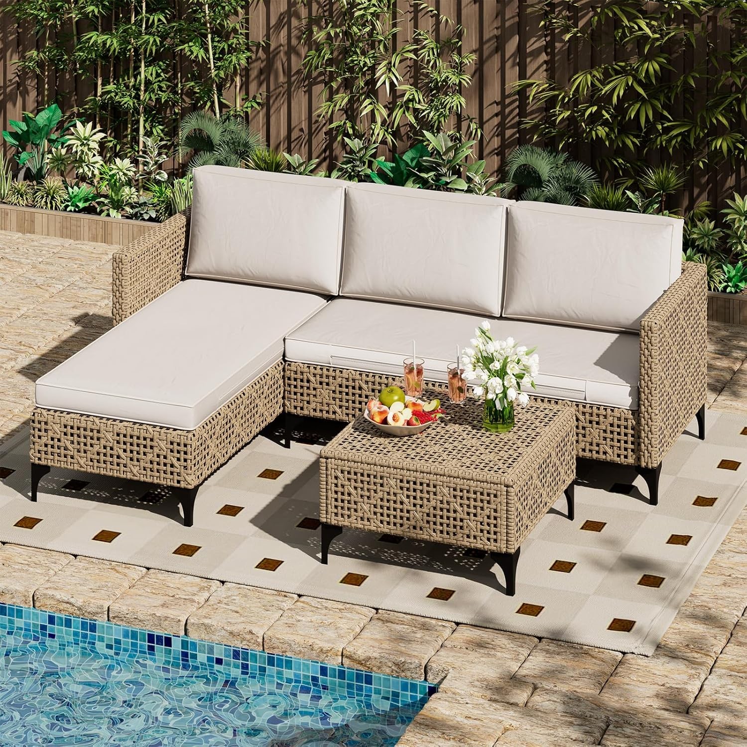 3-Piece Wicker Patio Sectional Set w/ Cushions & Coffee Table, Weatherproof