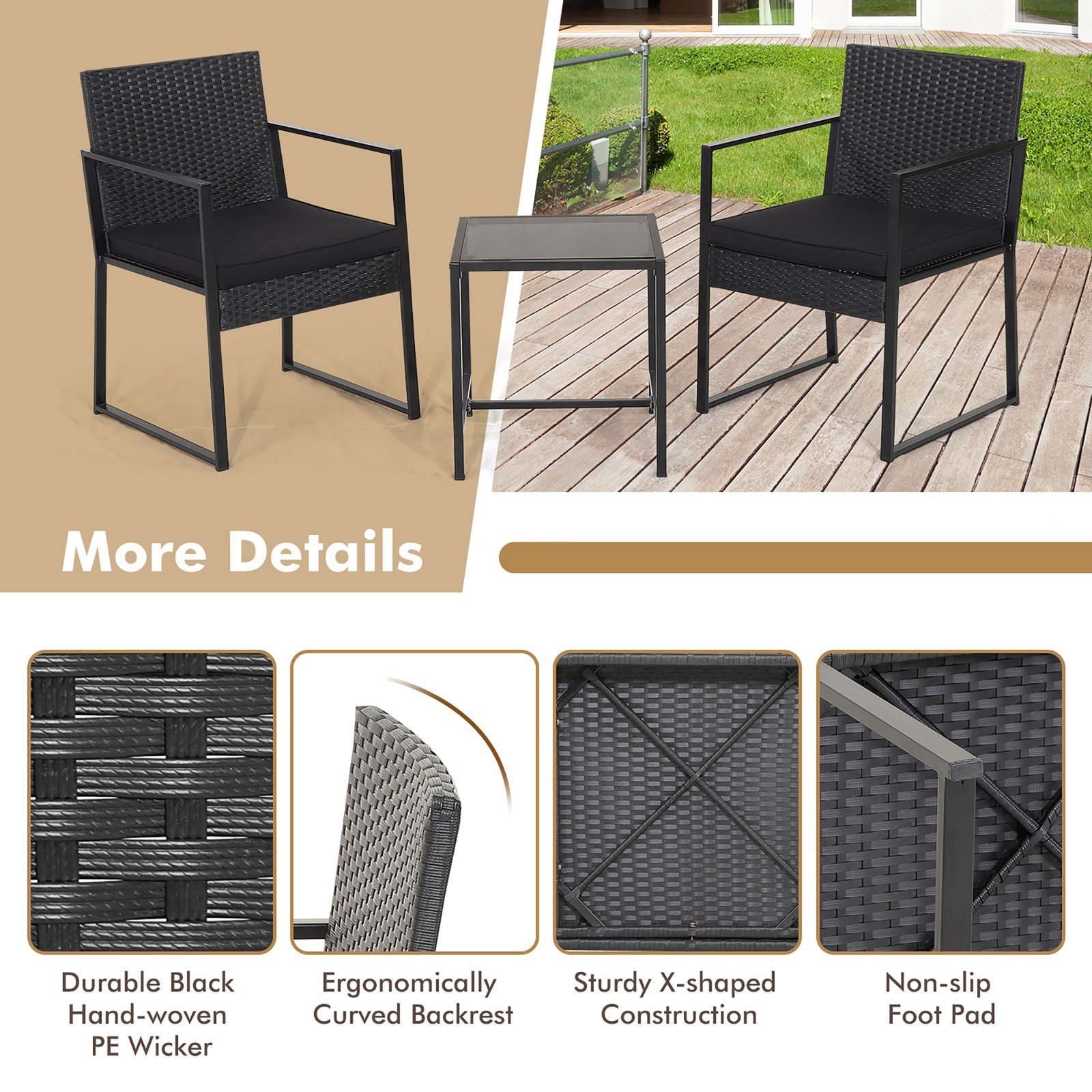 3PCS Patio Rattan PE Wicker Bistro Set Outdoor Furniture Set w/ Table & Cushion