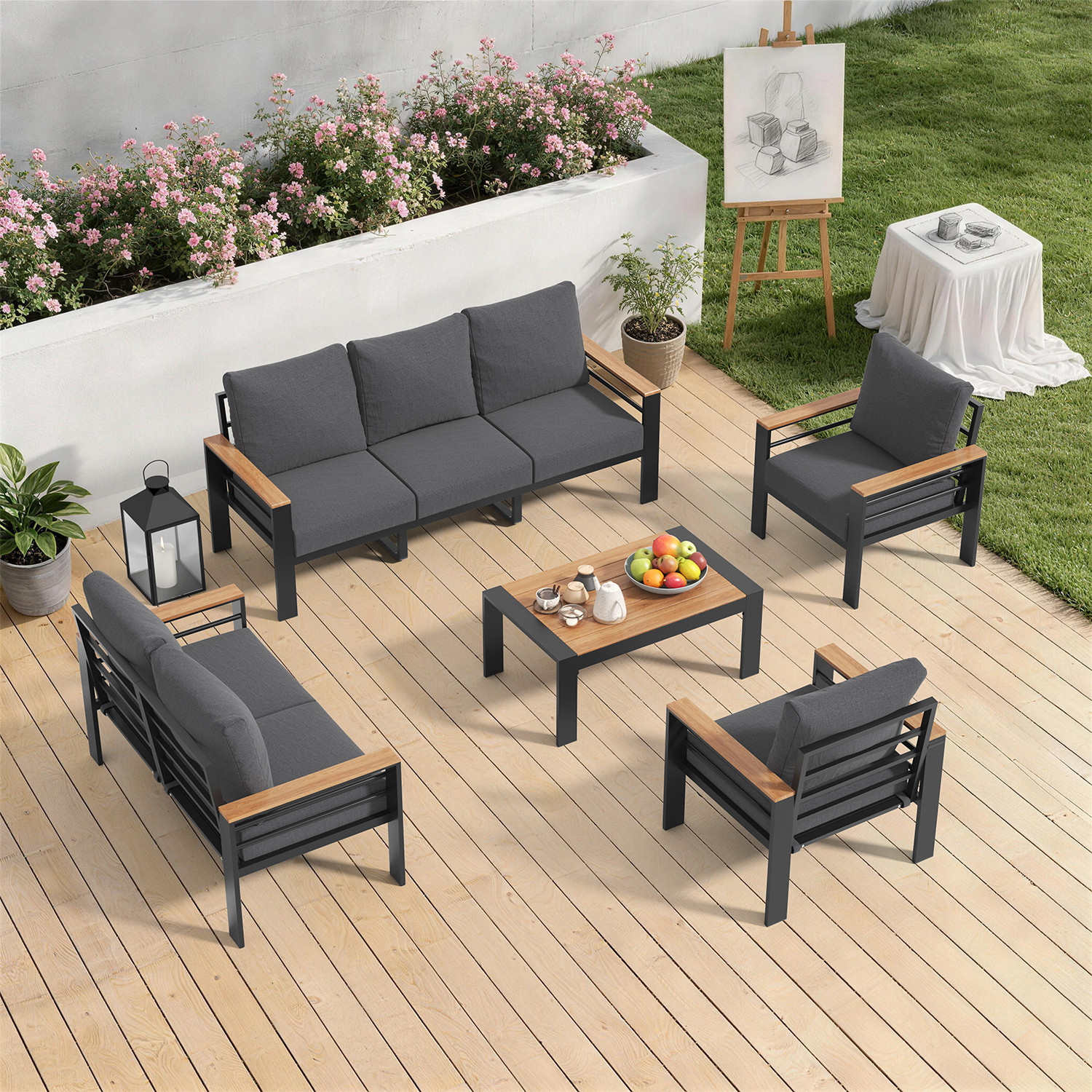 7 Piece Patio Furniture Set Aluminum Patio Sets Coffee Table 5″ Thicken Cushions