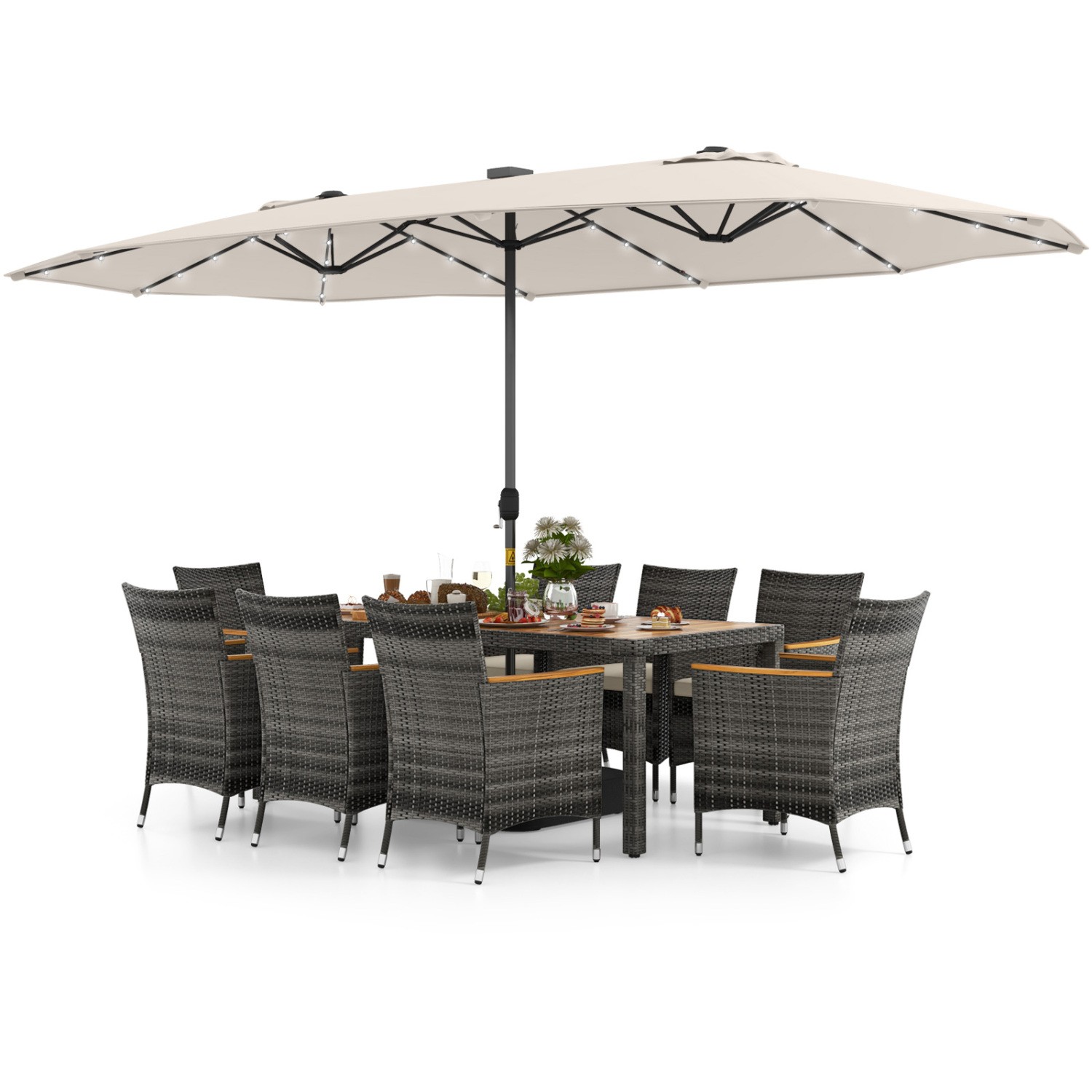 11Pcs Patio Dining Set 15Ft Double-Sided Umbrella Base Included Beige