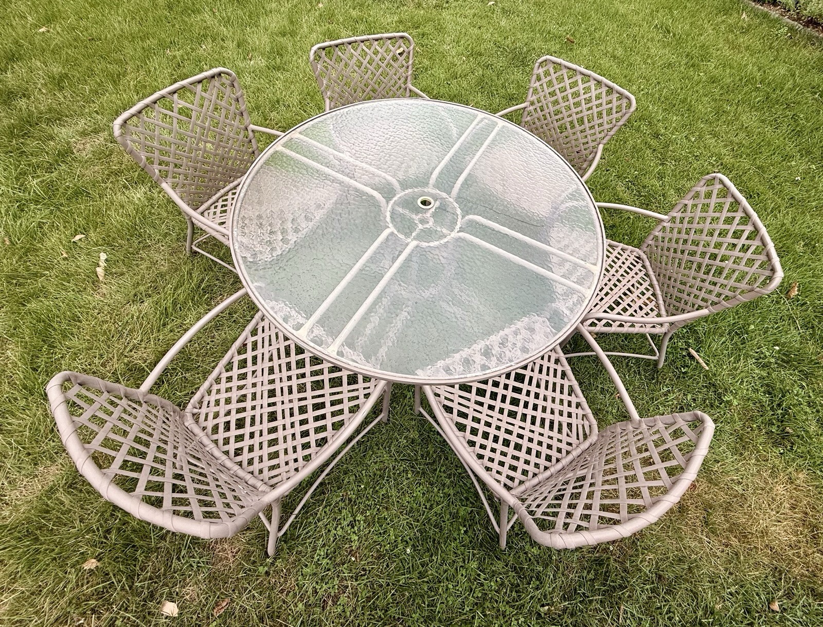 Vintage Brown Jordan Tamiami 7pc Patio Set 54” Glass Table + 6 Arm Chairs Taupe