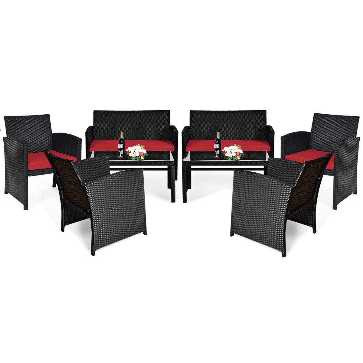 Patio 8PCS Rattan Furniture Conversation Set Cushion Sofa Table Garden Red