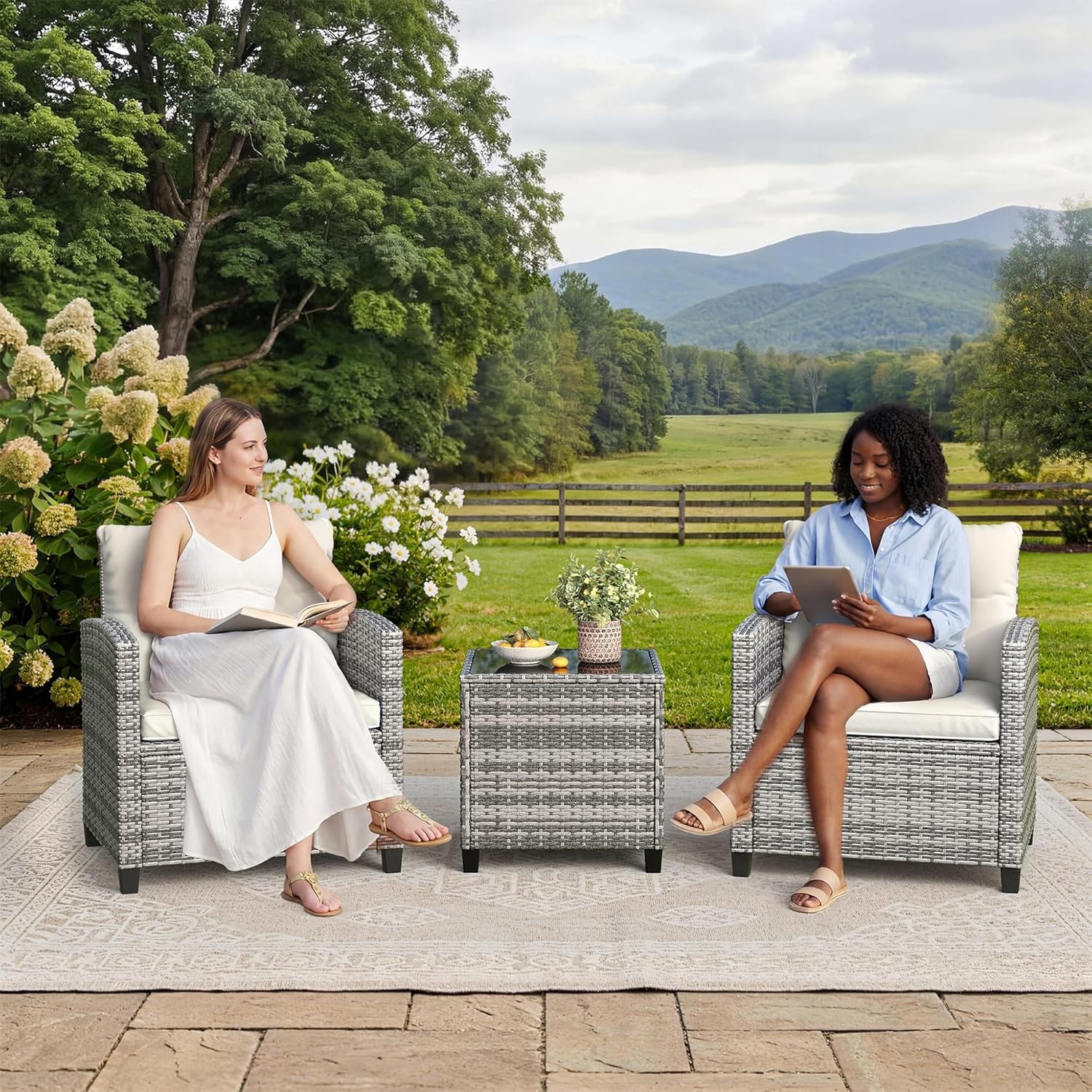 3 PCS Patio Furniture Set Outdoor Rattan Wicker Sofa w/ Cushions and Glass Table