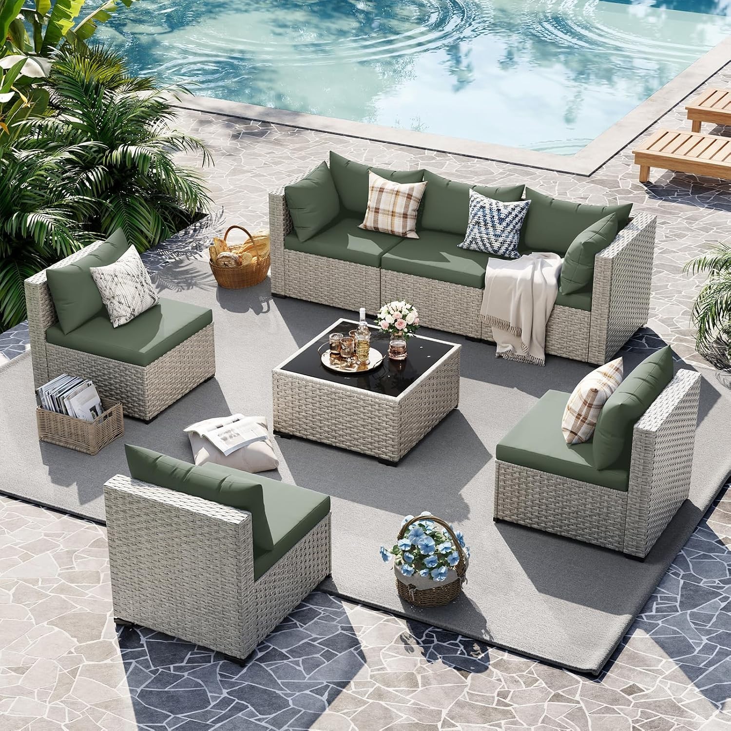 Outdoor Patio Furniture Set 7 Pcs Rattan Cushions Square Coffee Table Garden