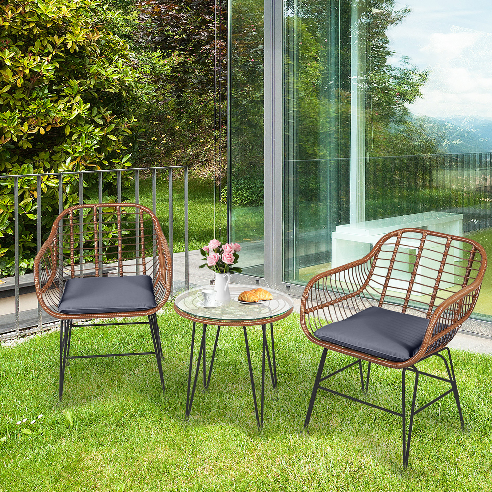 3PCS Rattan Patio Conversation Set Bistro Chat Set w/ Gray Cushion