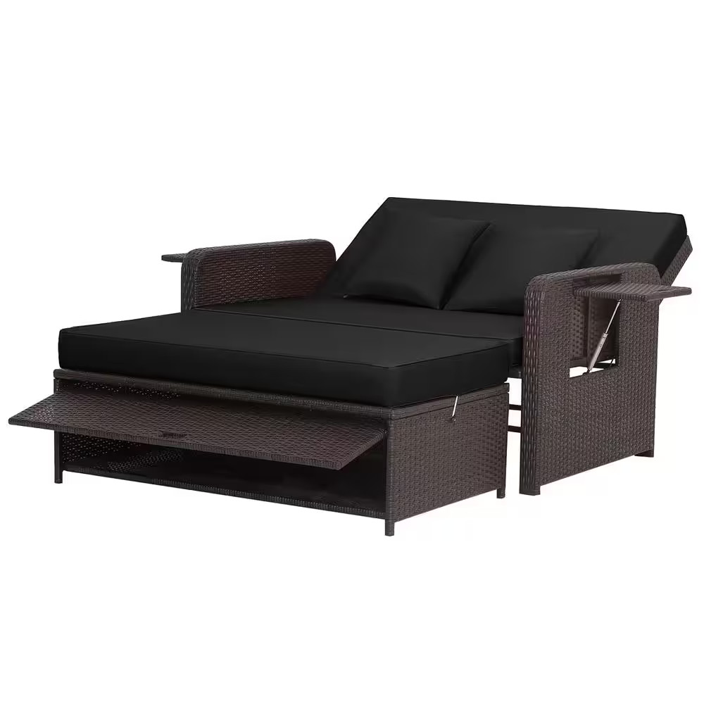 Mix Brown Wicker Outdoor Loveseat Set Daybed Lounge Storage Ottoman Side Tables