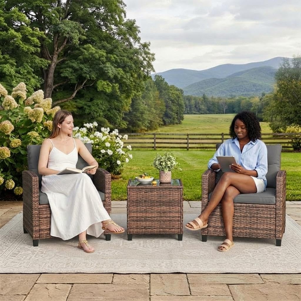 3 PCS Patio Furniture Set Outdoor Rattan Wicker Sofa w/ Cushions and Glass Table