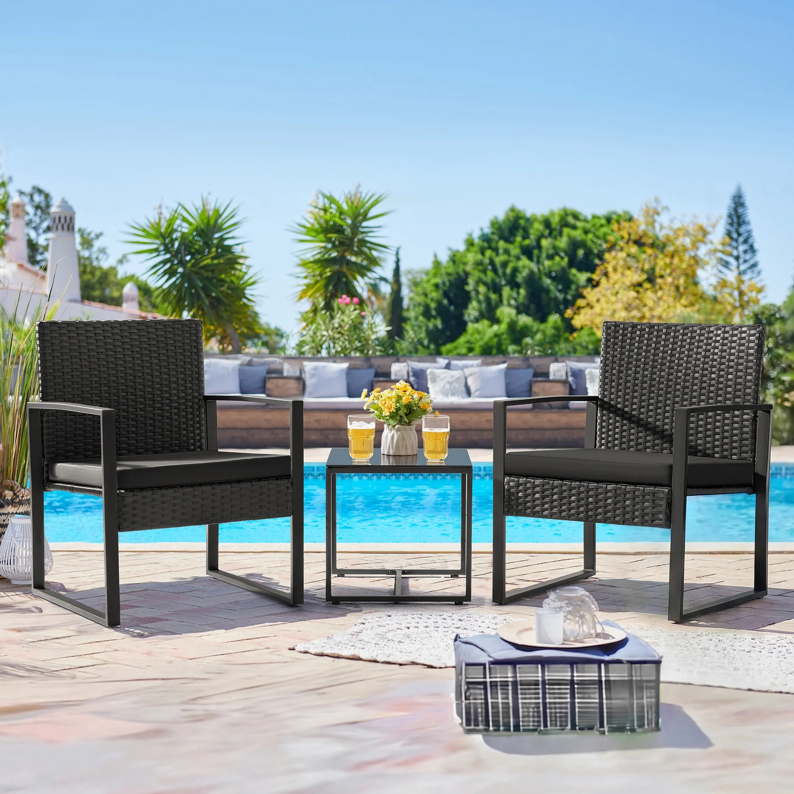 3 Pieces Outdoor Bistro Chair Set PE Rattan Patio Conversation Set of 2 with Cus