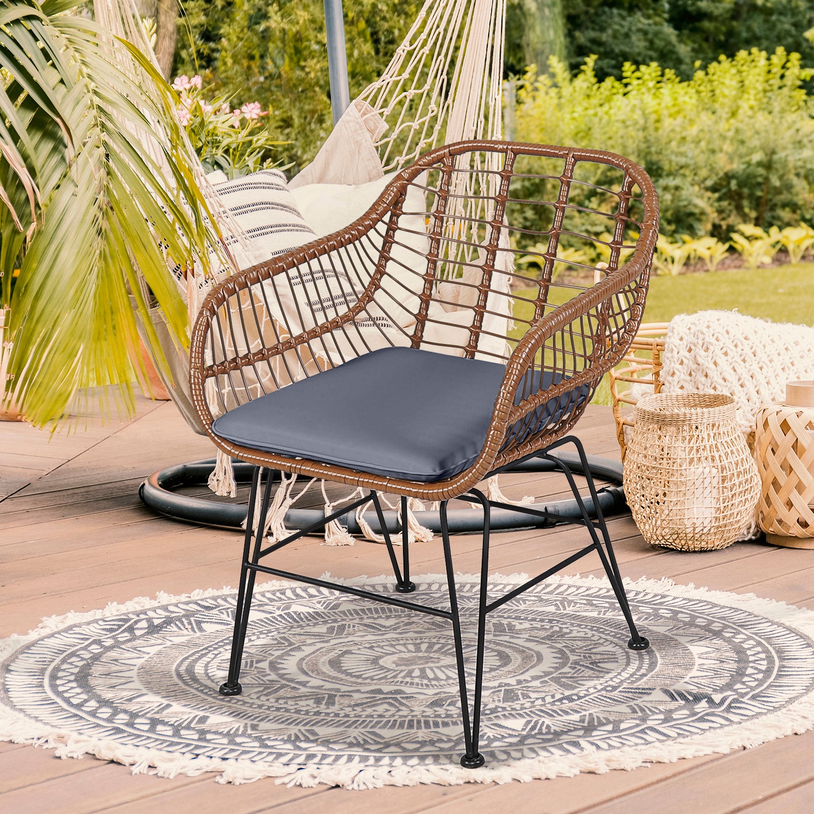 Patiojoy 3PCS Patio Rattan Bistro Set Coffee Table Armchair Garden Gray Cushion