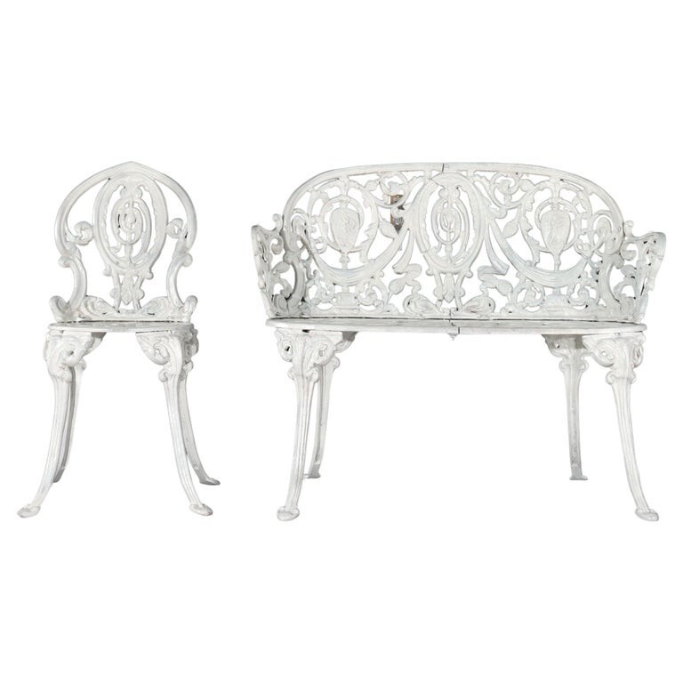 Antique Cameo White Painted Cast Iron Garden Set with Settee & Chair c1900