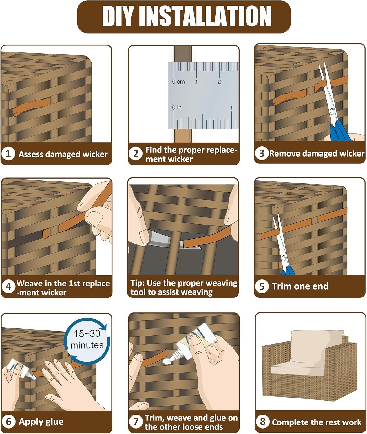 Synthetic Polyethylene Wicker Repair Kit – 240 Ft Gradient Dark Brown Stripes