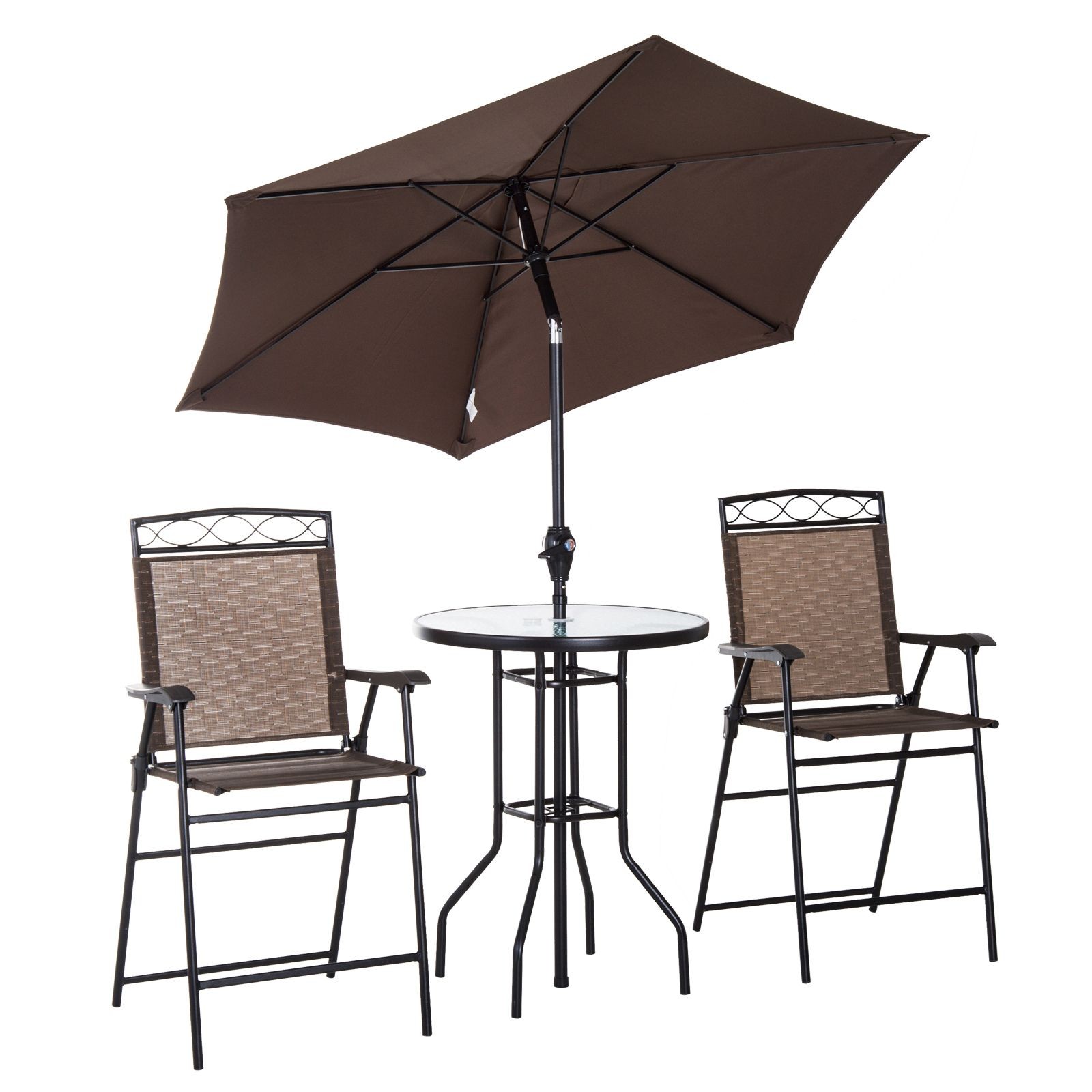Brown Outdoor Bar Set: Powder-Coated Steel, Tempered Glass Table, Tilt Umbrella