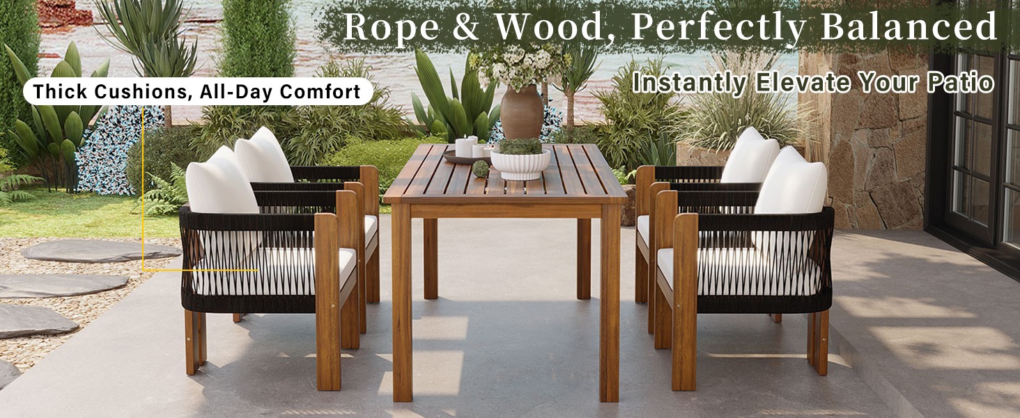 Acacia Wood Outdoor Patio Dining Set for 4 with Rope Woven Chairs & Cushions