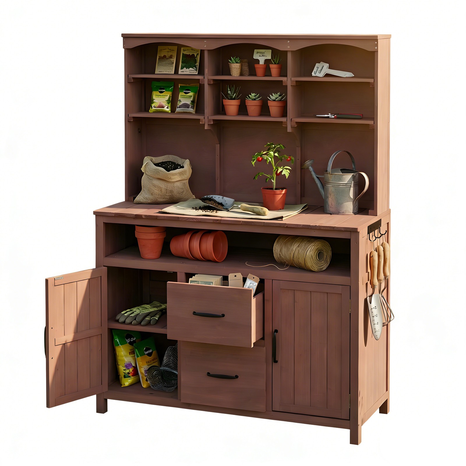 Large Fir Wood Potting Bench with Hutch & Drawers, Rustic Brown Outdoor
