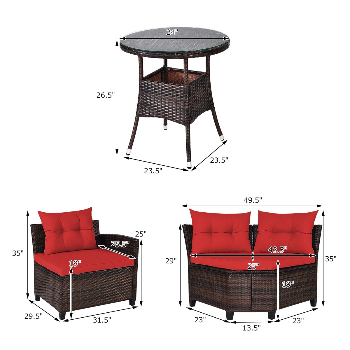 Patiojoy 4PCS Furniture Set Outdoor Patio Rattan Cushioned Sofa Table Red