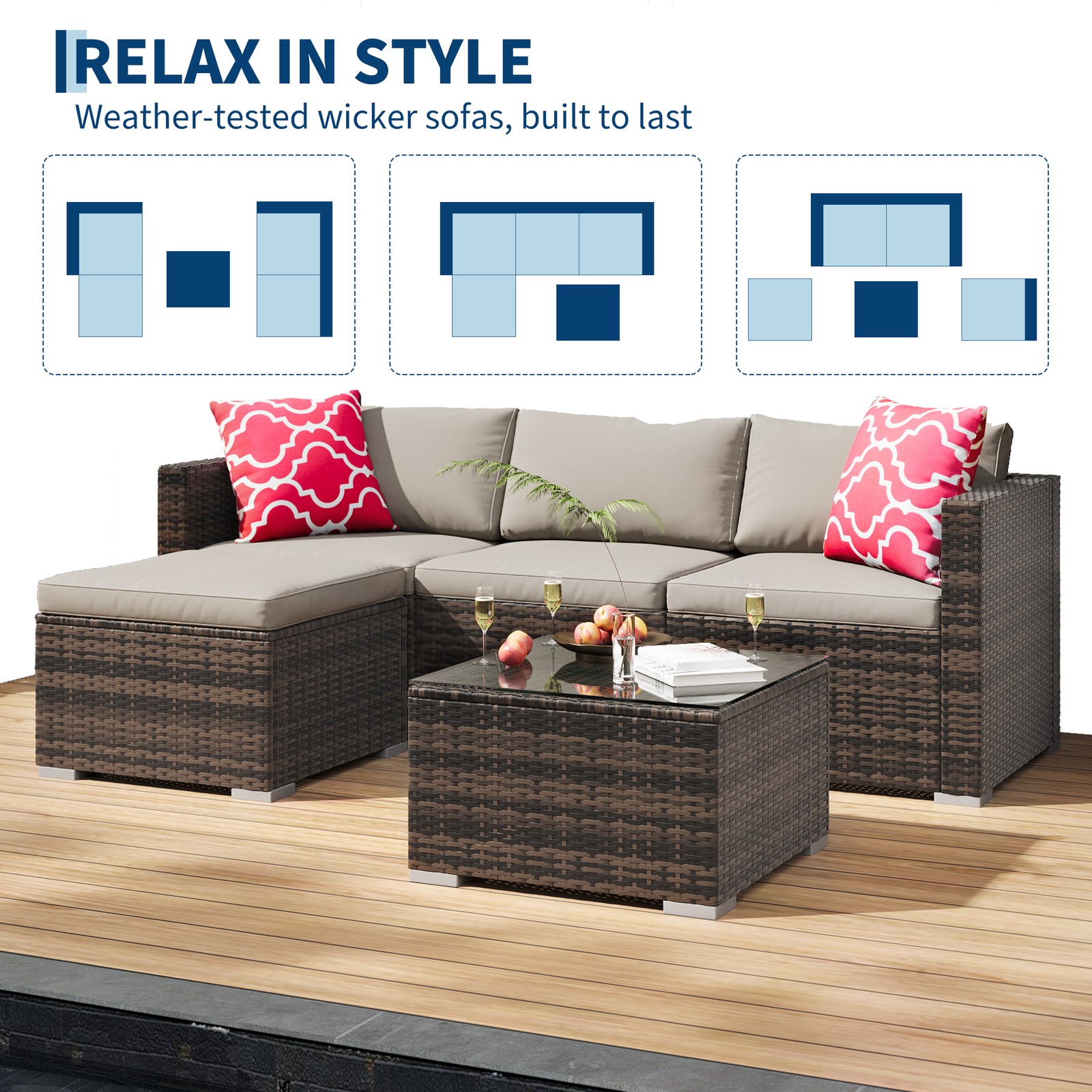 5 Piece Patio Furniture Set, Wicker Sectional Sofa with Cushions & Coffee Table