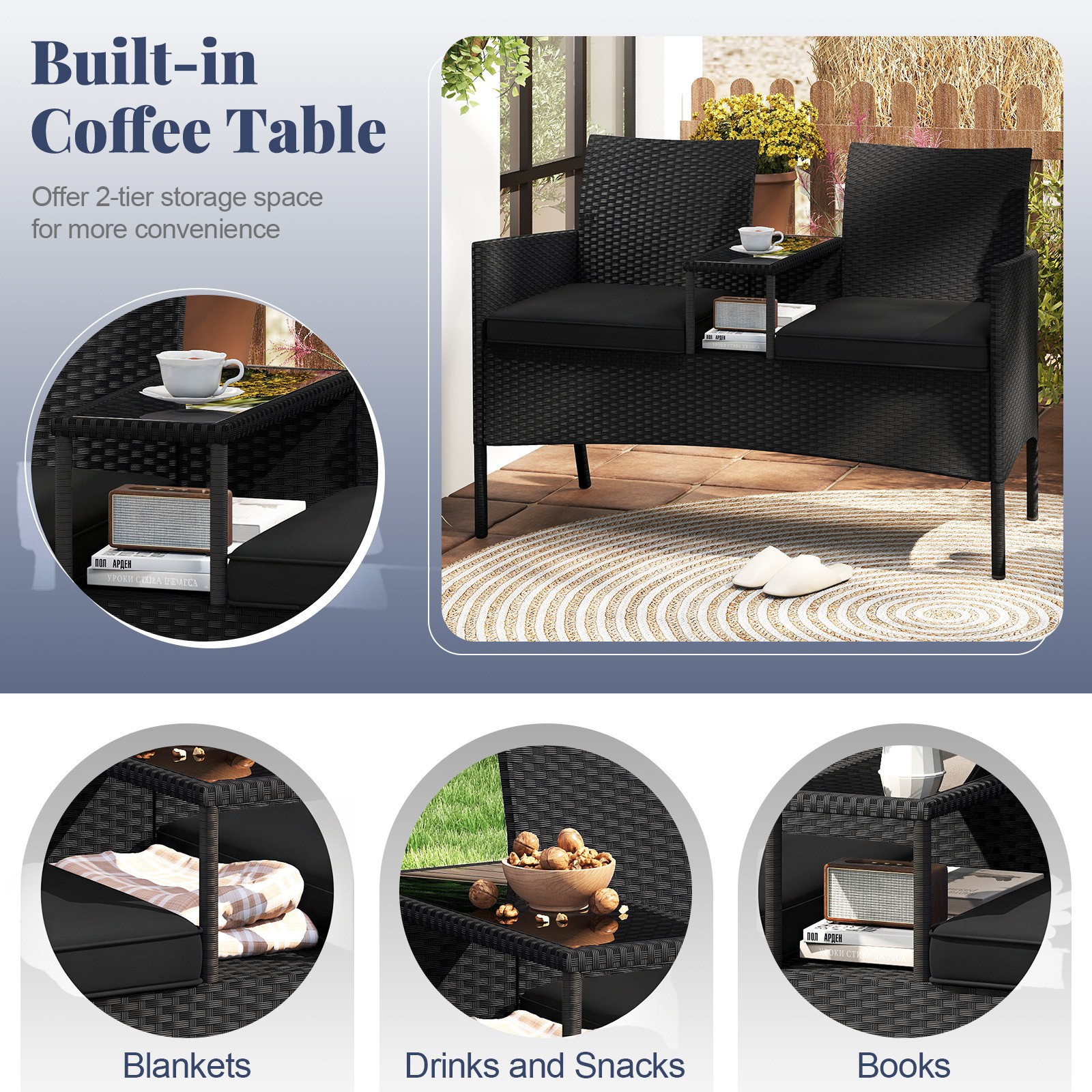 Patio Loveseat with Built-in Table Cushions & Tempered Glass Tabletop