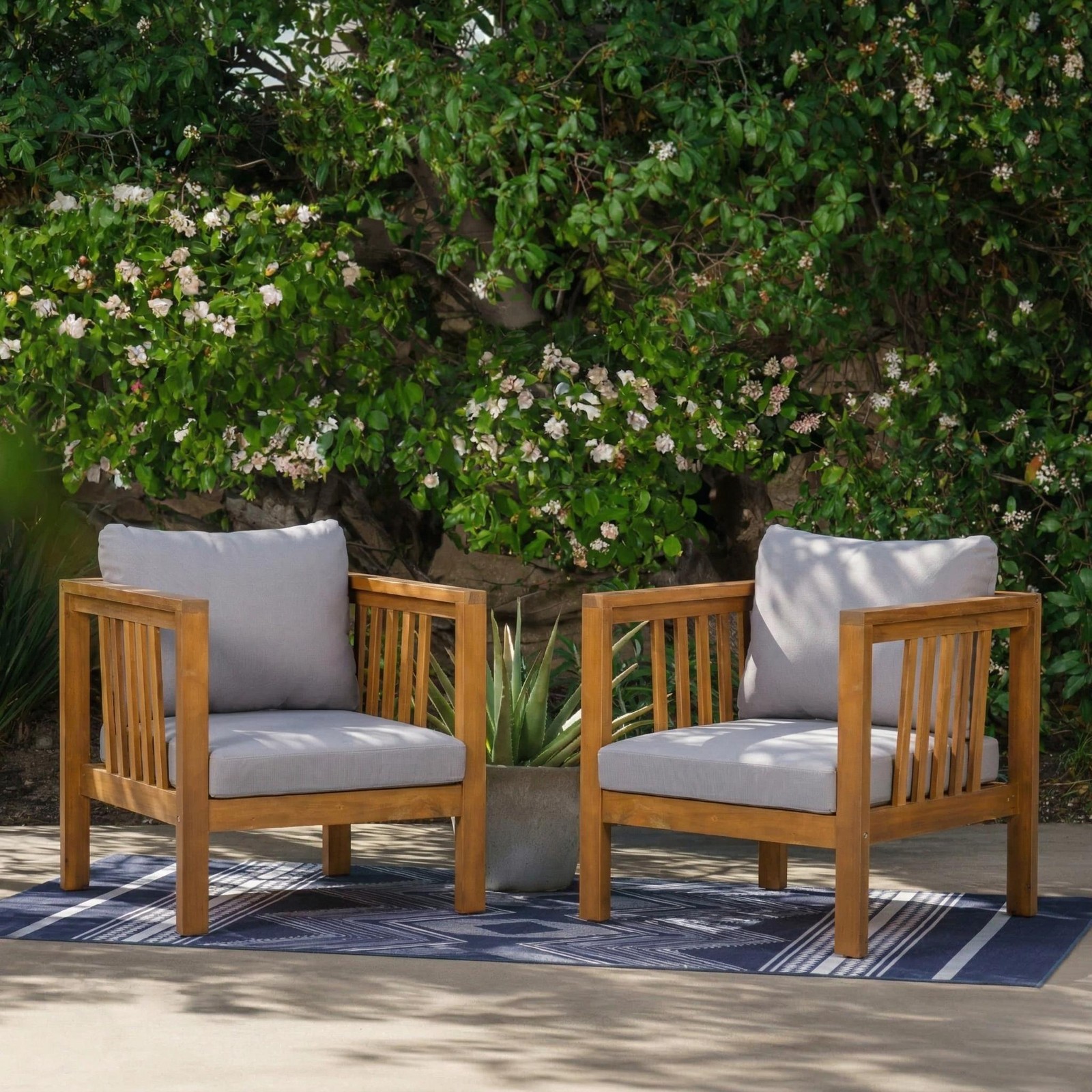 2 Acacia Wood Club Chairs with Grey Cushions & Adjustable Feet