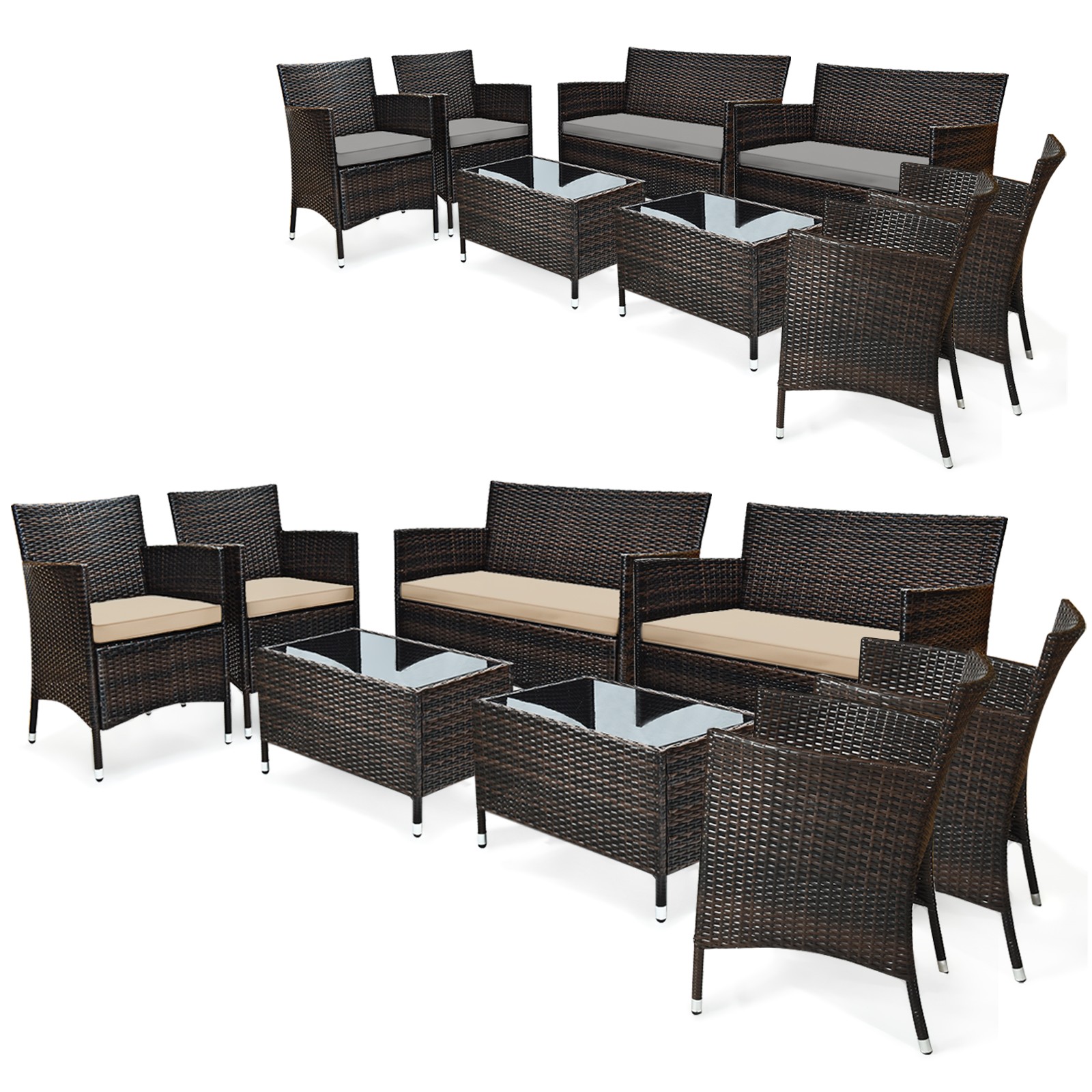 Patio 8PCS Wicker Furniture Set Sofa Chair W/ Brown & Grey Cushion Covers