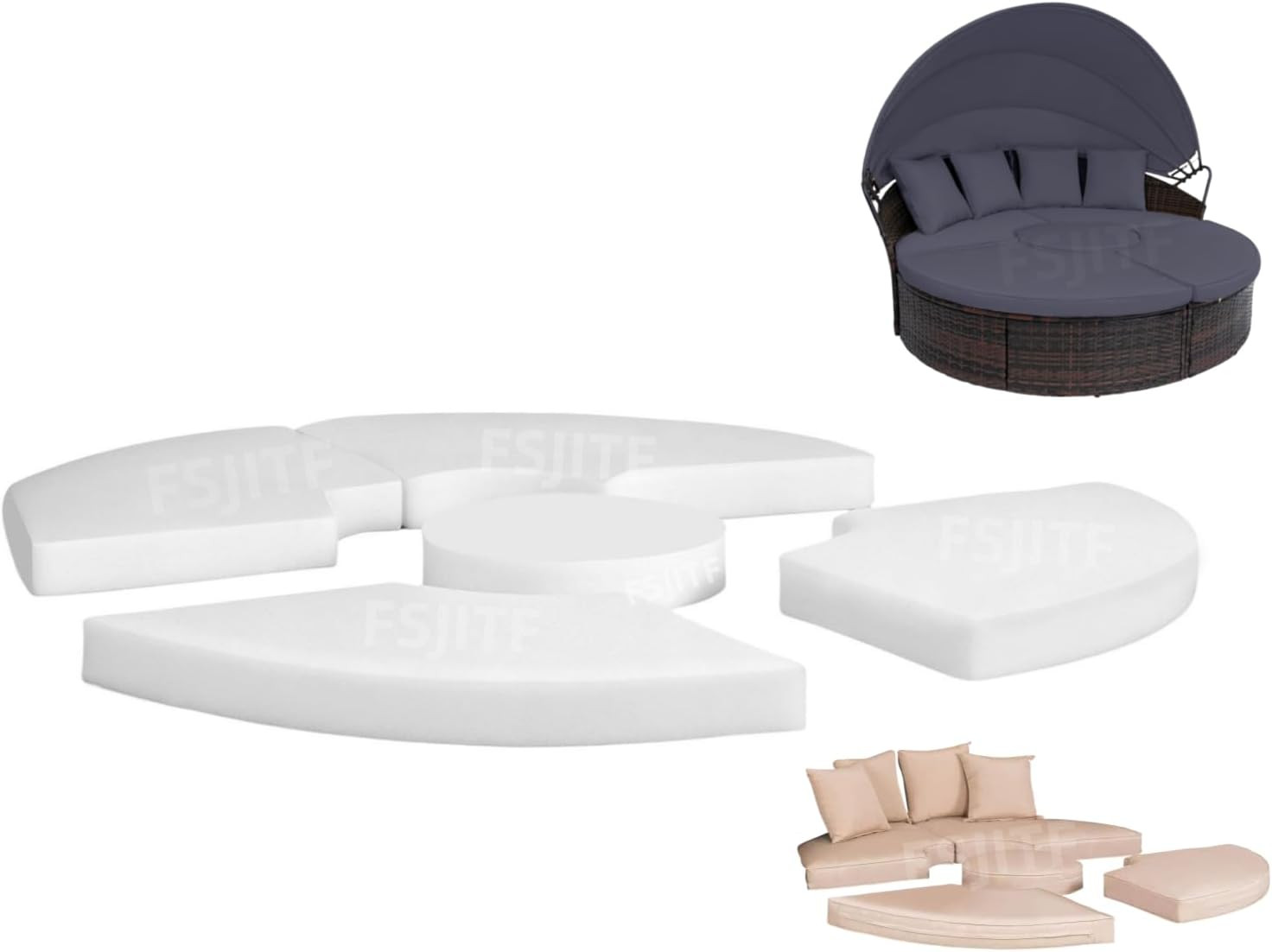 66” Round Foam Daybed Cushion 5-in-1 Replacement for Patio Sunbed