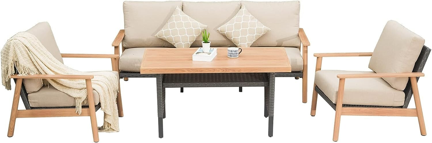 Patio (4 pieces), hand-woven rattan wooden aluminum frame (khaki 5 pieces)