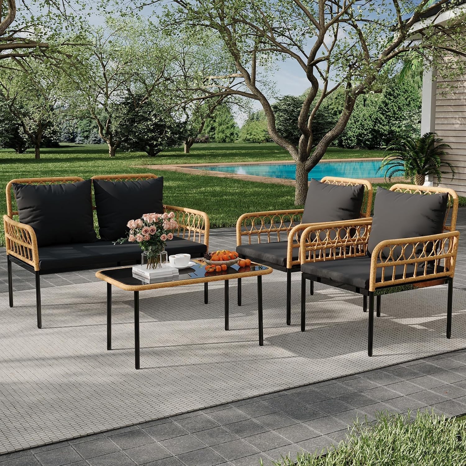 4 Piece Outdoor Patio Furniture Set, All-Weather Wicker Table and Chair Set Set