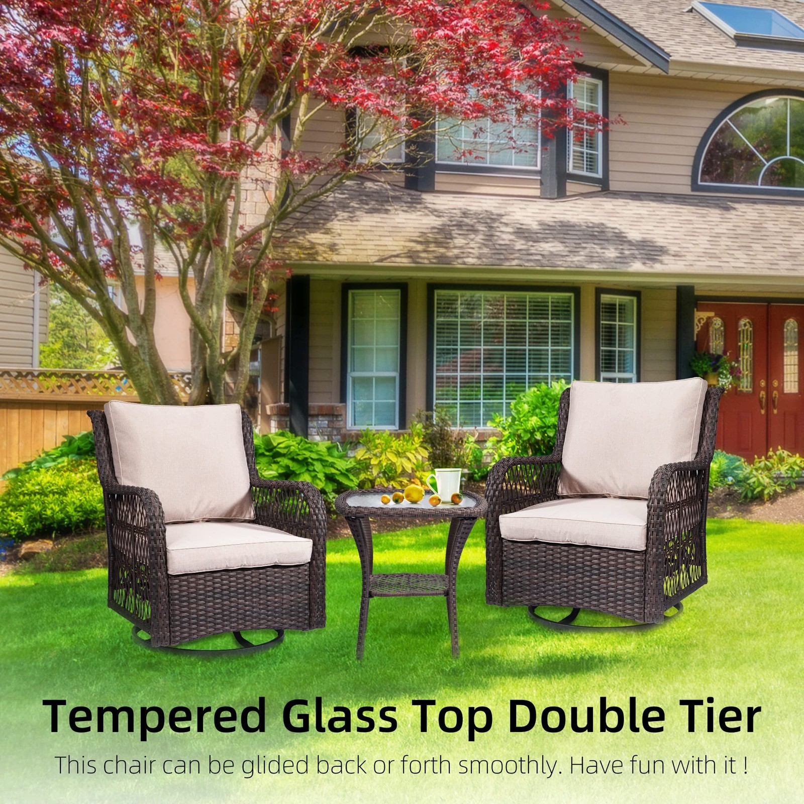 3-Piece Outdoor Wicker Patio Bistro Set ,Swivel Rocking Chair ,Garden Furniture