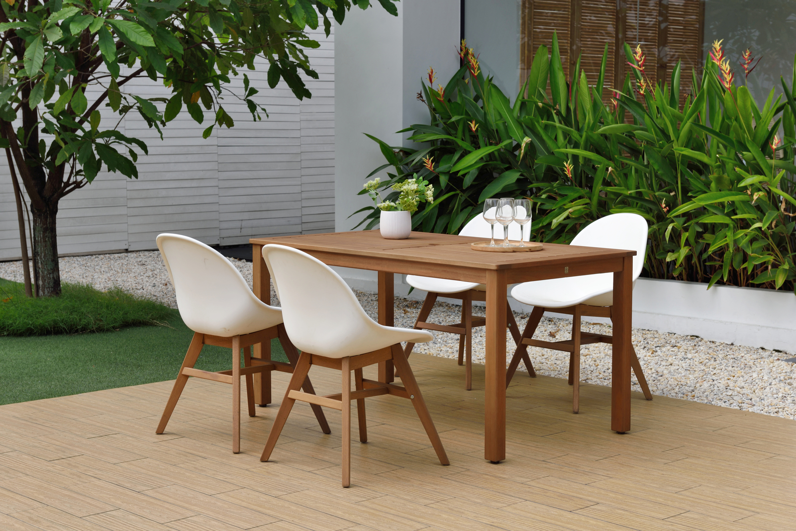 Amazonia Le Mont 5-Piece Outdoor Dining Set | Teak Finish | White Chairs