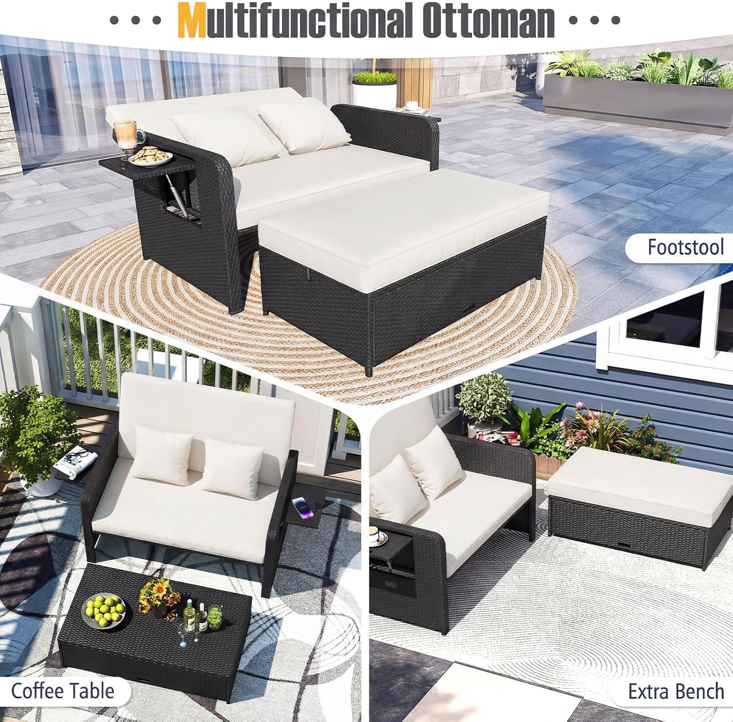 Stylish Wicker Patio Daybed with Adjustable Backrest & Storage Ottoman