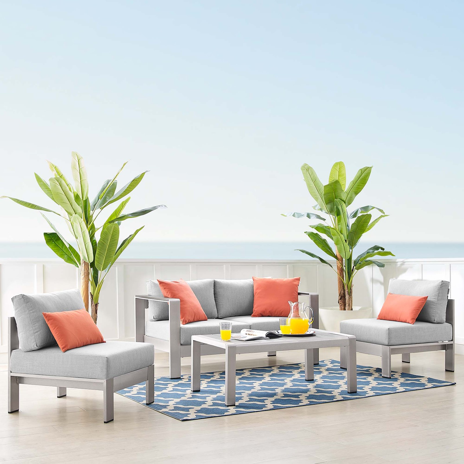 Modway Shore Aluminum Sunbrella® Fabric 4-Piece Outdoor Patio Set in Silver Gray