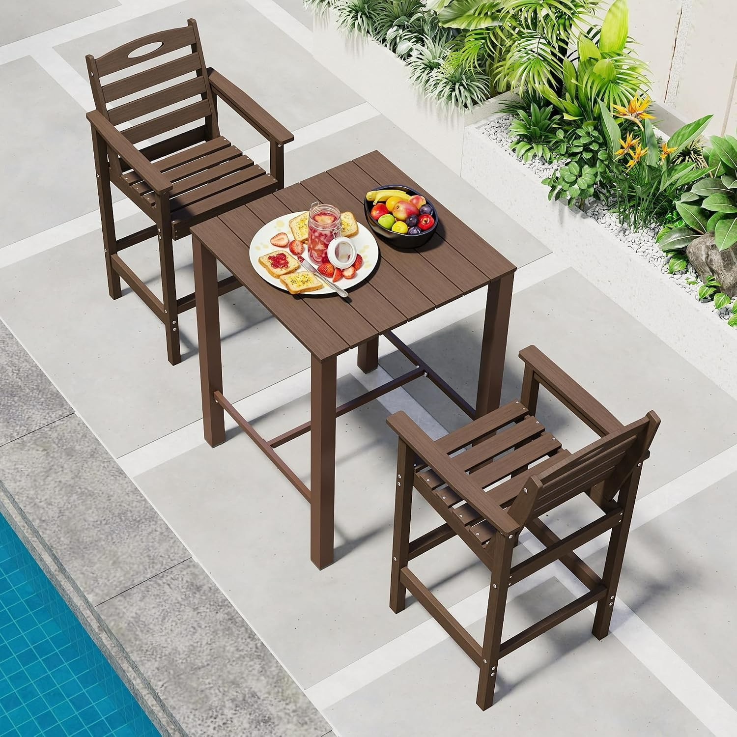 Domi 3Pcs HDPE Adirondack Patio Bar Set(1Table+2Chair)for Balcony,Backyard,Brown