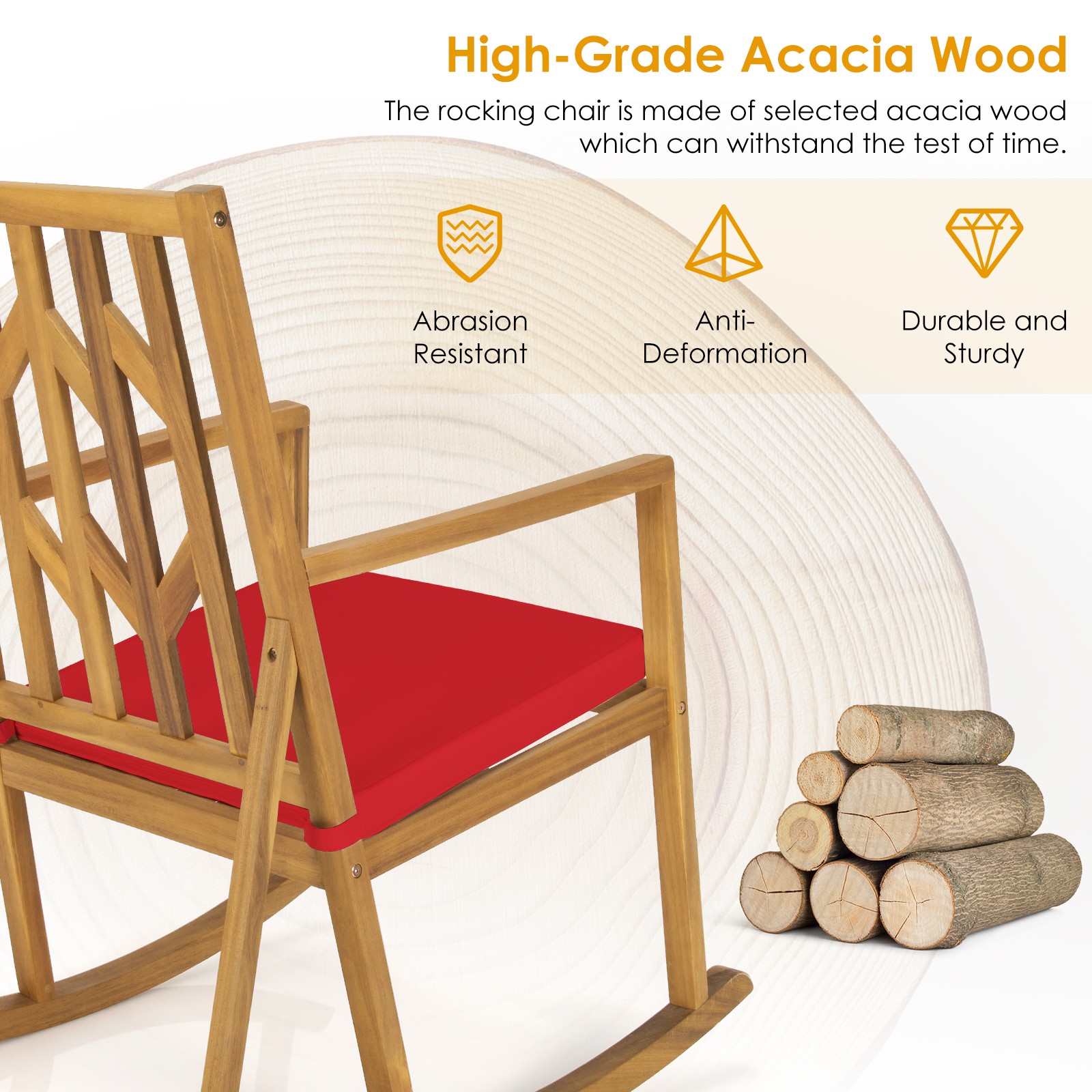 Patio Wood Armrest Cushioned Sofa Rocking Chair Acacia Garden Deck Red