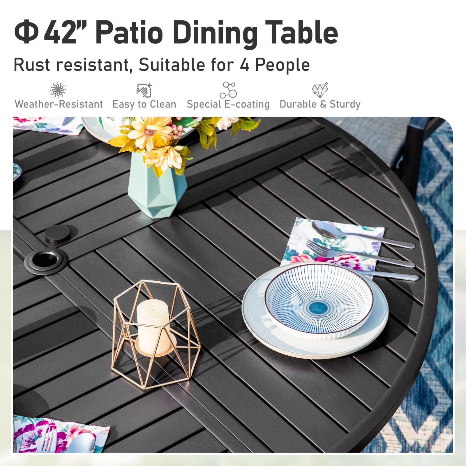 5 Pieces Outdoor Dining Set Patio Metal Chairs 42″ Round Table Furniture Set