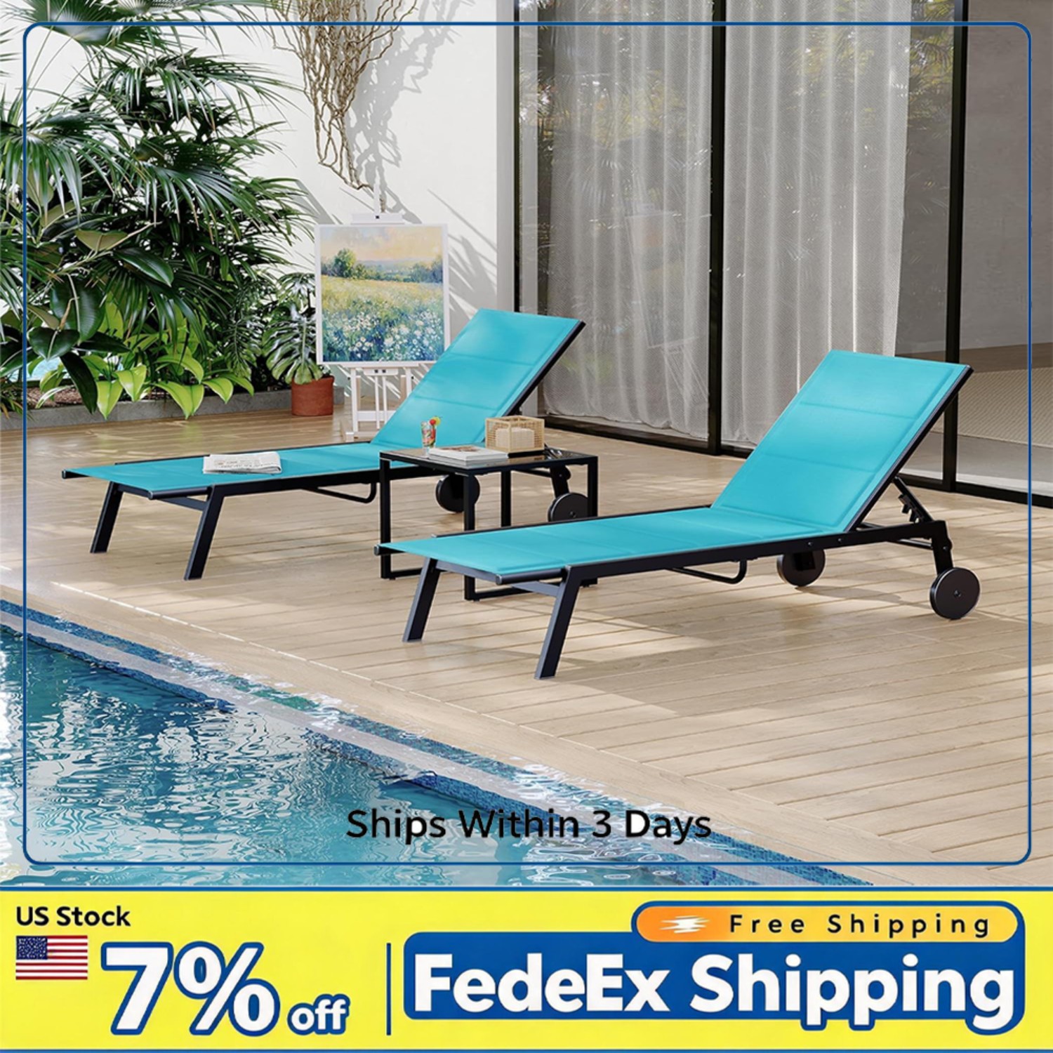 3 Piece Outdoor Lounge Set with Side Table, Adjustable Pool Loungers with Wheels
