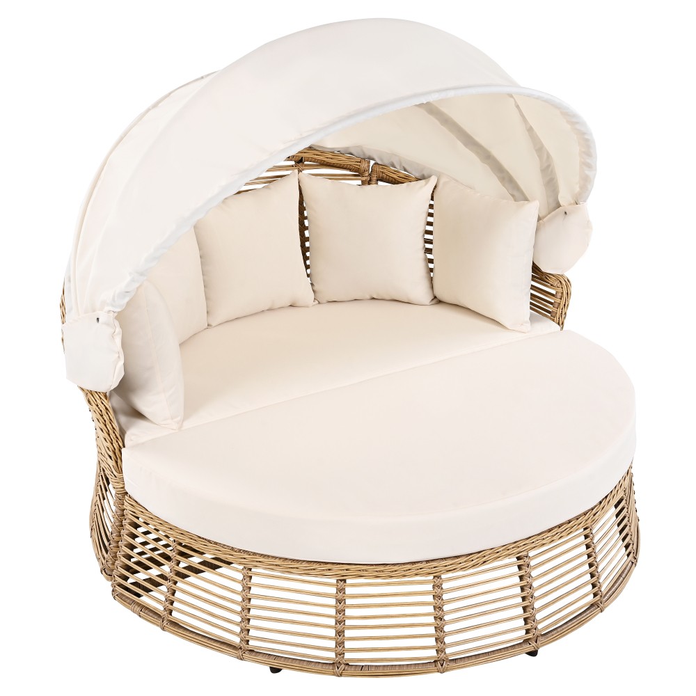 Rattan Round Daybed w/ Retractable Canopy – Outdoor Poolside Sunbed w/ Cushions