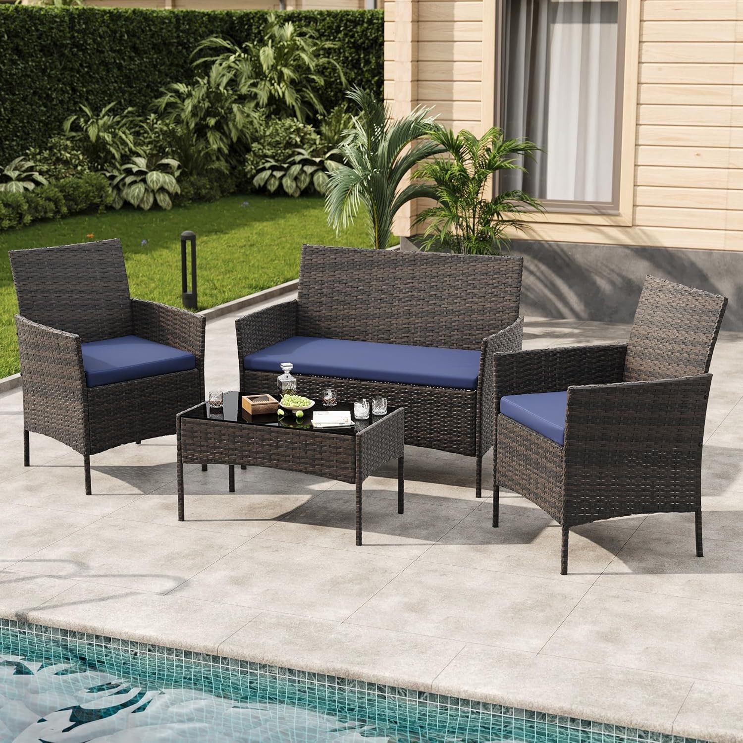 Set of 4 Outdoor Patio Rattan Furniture Set Cushioned Sofa Coffee Table Deck