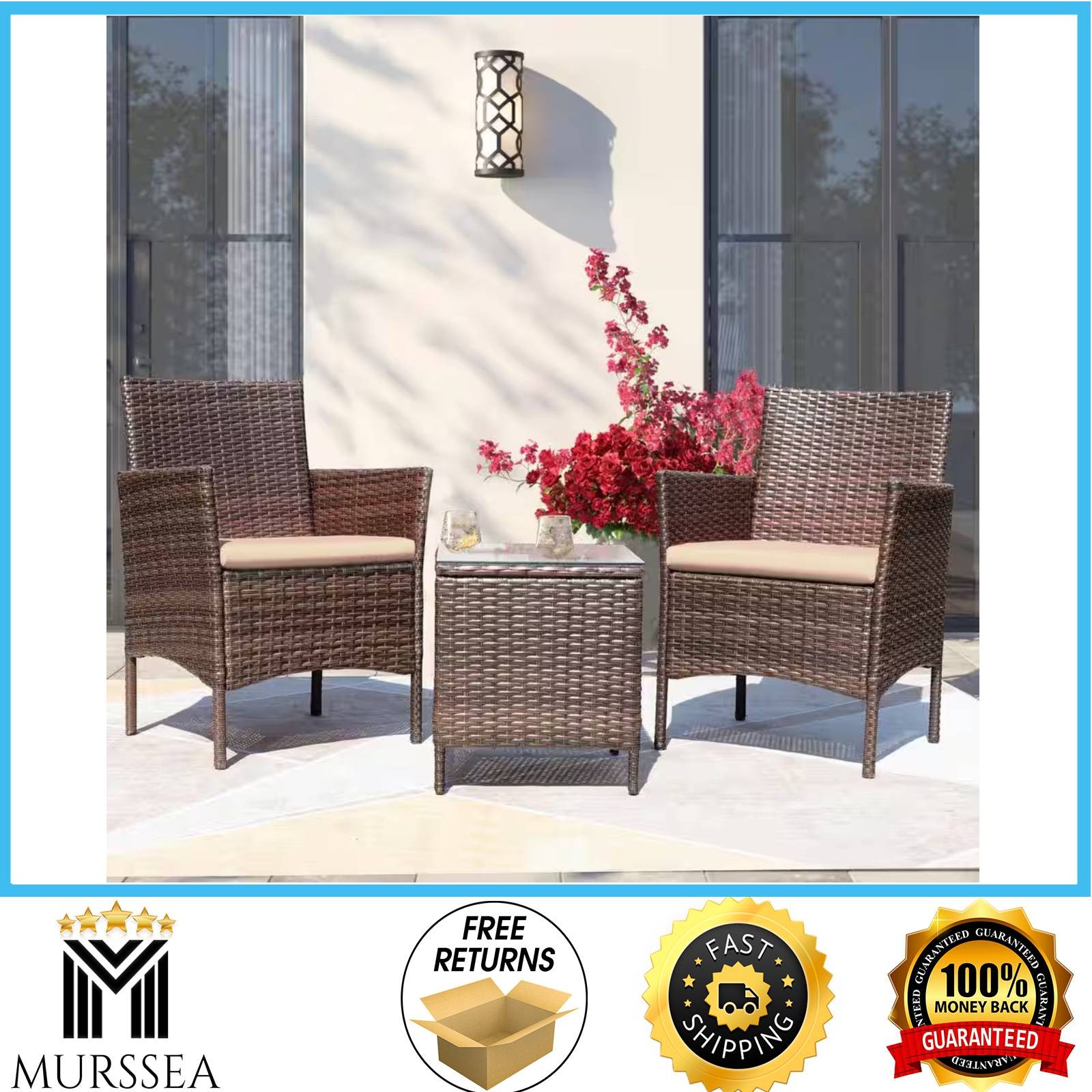 Tozey 3-Piece PE Rattan Outdoor Patio Conversation Set Table Beige Cushion Brown