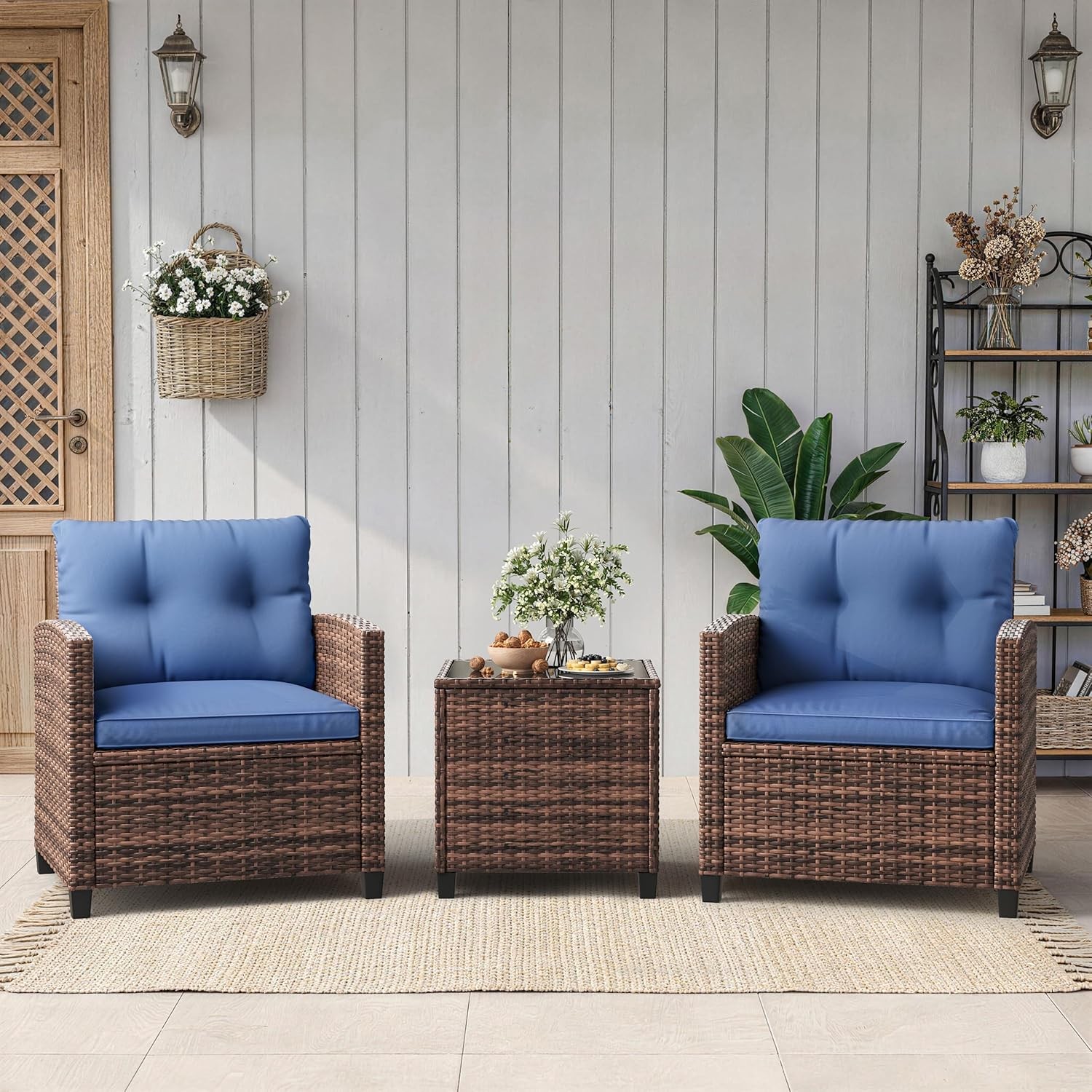 3 PCS Patio Furniture Set Outdoor Rattan Wicker Sofa w/ Cushions and Glass Table