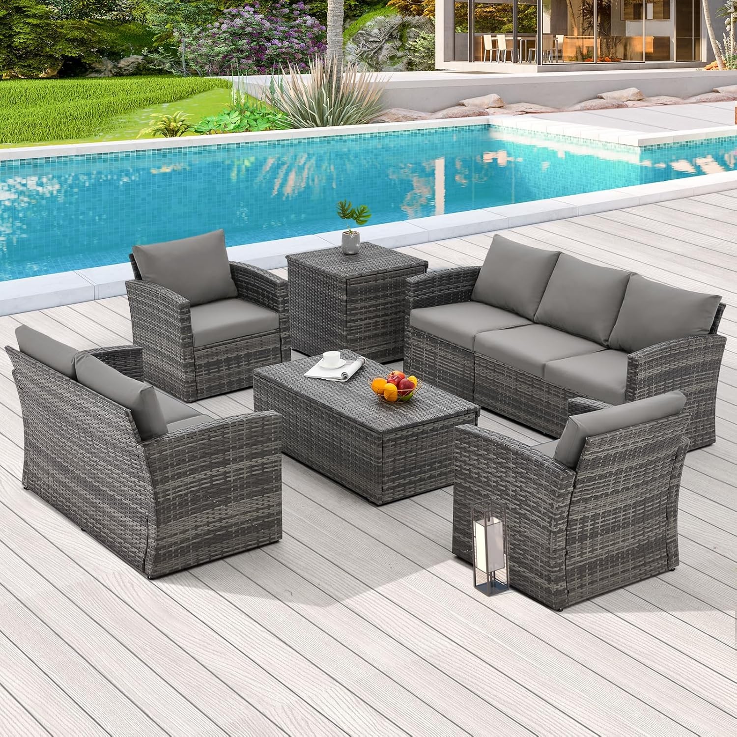 7PCS Patio Wicker Conversation Set with 2 Tables Outdoor Furniture for Garden