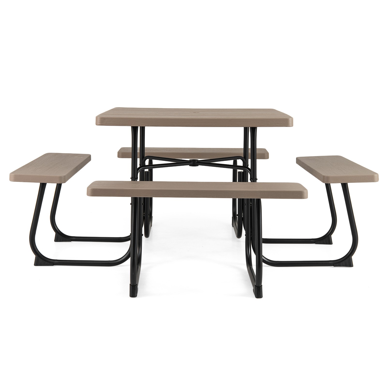 8-person Square Picnic Table Bench Set w/4 Benches & Umbrella Hole for Garden