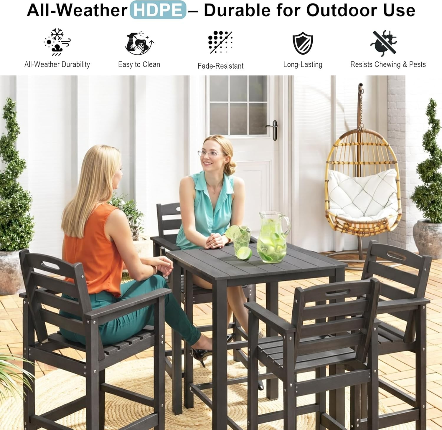 Domi 3Pcs HDPE Adirondack Patio Bar Set(1Table+2Chair)for Balcony,Backyard,Grey
