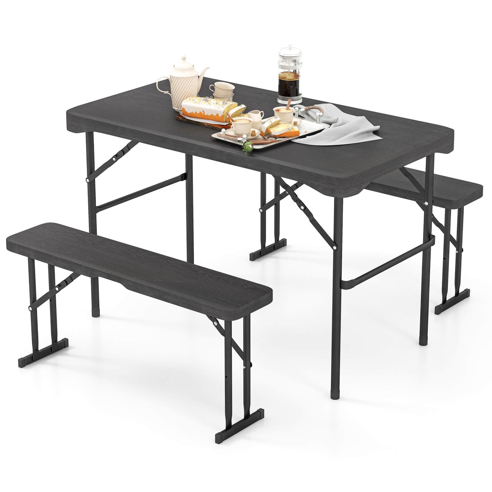 Outdoor Table Bench Set Folding Picnic Table Set w/ 2 Benches Sturdy Metal Frame